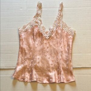 Y2K-VTG-silkscreen-M-pink-hearts, 100% silk, lace detail,whimsical, romantic top